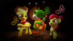 Size: 2560x1440 | Tagged: safe, artist:tomiato64, imported from derpibooru, apple bloom, applejack, earth pony, pony, yoshi, 3d, crossover, female, filly, foal, gmod, guitar, mare, musical instrument, super mario bros.