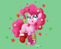 Size: 3207x2575 | Tagged: safe, artist:background basset, imported from derpibooru, pinkie pie, earth pony, pony, abstract background, christmas, christmas stocking, happy, high res, holiday, open mouth, solo