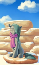 Size: 1200x2000 | Tagged: safe, artist:escapist, imported from derpibooru, marble pie, earth pony, pony, clothes, cloud, eyes closed, female, mare, rock, scarf, snow, solo