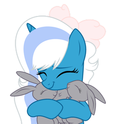 Size: 1280x1336 | Tagged: safe, artist:suns3tdawn, imported from derpibooru, oc, oc:fleurbelle, alicorn, rabbit, adorabelle, alicorn oc, animal, bow, cute, eyes closed, female, hair bow, horn, hug, mare, ocbetes, simple background, transparent background, wings