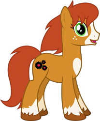 Size: 4000x4824 | Tagged: safe, artist:parclytaxel, imported from derpibooru, oc, oc only, oc:gearheart, earth pony, pony, derpibooru community collaboration, .svg available, 2022 community collab, absurd resolution, brown mane, brown tail, coat markings, earth pony oc, female, freckles, full body, green eyes, looking at you, mare, markings, monthly reward, open mouth, open smile, show accurate, simple background, smiling, socks (coat markings), solo, tail, transparent background, unshorn fetlocks, vector