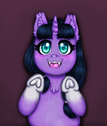 Size: 3000x3500 | Tagged: safe, artist:yumomochan, imported from derpibooru, unicorn, blushing, child, commission, digital art, ear fluff, fangs, happy, high res, hooves to the chest, hooves up, open mouth, smiling, teeth, young