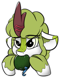 Size: 800x1034 | Tagged: safe, artist:triksa, imported from derpibooru, oc, oc:kiwin, oc:triksa, kirin, eating, food, fruit, implied vore, kirin oc, kiwi fruit, micro, nom, simple background, solo focus, sticker, transparent background