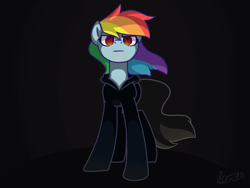 Size: 1200x900 | Tagged: safe, artist:flitter-fly, imported from derpibooru, rainbow dash, pegasus, pony, fanfic:rainbow factory, black background, black suit, dyed tail, evil, fanfic art, female, fire, frown, looking forward, mare, pegasus device, rainbow factory dash, signature, simple background, solo, tail