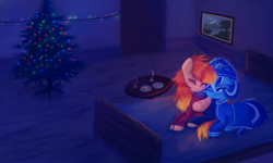 Size: 2136x1283 | Tagged: safe, artist:menalia, imported from derpibooru, oc, oc only, oc:freezy coldres, oc:shiny flames, pegasus, pony, unicorn, alcohol, bed, christmas, christmas tree, clothes, dark room, door, dress, female, happy, holiday, implied unicorn, lesbian, lying down, mare, new year, painting, pants, room, smiling, sweater, table, tree, wine, wings