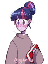 Size: 1024x1366 | Tagged: safe, artist:pyukumeru, imported from derpibooru, twilight sparkle, equestria girls, alternate hairstyle, blushing, book, clothes, cute, female, simple background, solo, sweat, sweatdrop, sweater, twiabetes, white background