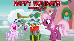 Size: 2063x1161 | Tagged: safe, artist:not-yet-a-brony, artist:poniesfromheaven, artist:silentmatten, artist:vector-brony, imported from derpibooru, cheerilee, diamond tiara, silver spoon, 2021, caroling, christmas, december, happy holidays, hearth's warming, holiday, ponyville, present, singing, snow, teacher and student, youtube link in the description