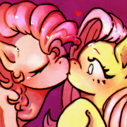 Size: 1000x1000 | Tagged: safe, artist:bunchi, imported from derpibooru, fluttershy, pinkie pie, earth pony, pegasus, pony, blushing, cute, duo, duo female, eyelashes, female, flutterpie, heart, kiss on the lips, kissing, lesbian, mare, shipping, simple background, solo focus, surprise kiss, surprised