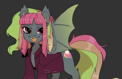 Size: 1116x722 | Tagged: safe, artist:azaani, imported from derpibooru, oc, oc only, bat pony, pony, bat pony oc, bat wings, clothes, ear piercing, earring, fangs, jewelry, piercing, shirt, solo, tongue out, wings