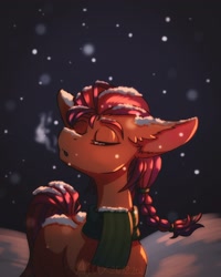 Size: 1636x2048 | Tagged: safe, artist:willdrawhere, imported from derpibooru, sunny starscout, earth pony, pony, clothes, female, g5, mare, my little pony: a new generation, scarf, snow, snowfall, solo