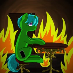 Size: 2160x2160 | Tagged: safe, artist:krotir56, imported from derpibooru, oc, oc:green byte, pony, unicorn, commission, fire, high res, male, sitting, solo, stallion, this is fine, ych result