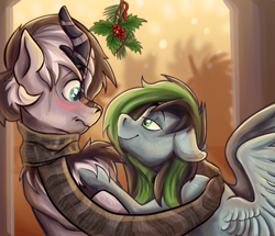 Size: 700x601 | Tagged: artist needed, safe, imported from derpibooru, oc, oc:stripes, oc:weo, kirin, pegasus, bedroom eyes, blushing, clothes, gay, holly, holly mistaken for mistletoe, imminent kissing, looking at each other, looking at someone, male, scarf