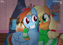 Size: 1280x905 | Tagged: safe, artist:epicsubterfuge, imported from derpibooru, applejack, rainbow dash, earth pony, pegasus, animal costume, antlers, appledash, blushing, clothes, costume, embrace, female, fireplace, holiday, hug, lesbian, reindeer antlers, reindeer costume, shipping, smiling, sweater