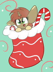 Size: 1256x1706 | Tagged: safe, artist:sugarcloud12, imported from derpibooru, oc, oc:woodchip, pony, unicorn, christmas, christmas stocking, female, holiday, mare, micro, solo