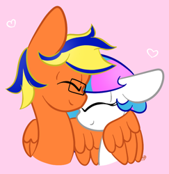 Size: 712x734 | Tagged: safe, artist:sugarcloud12, imported from derpibooru, oc, oc only, oc:sugar cloud, pegasus, pony, duo, eyes closed, female, glasses, heart, hug, male, mare, pegasus oc, pink background, simple background, smiling, stallion, winghug, wings