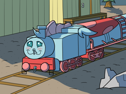 Size: 1280x953 | Tagged: safe, artist:sergeant16bit, imported from derpibooru, ocellus, changedling, changeling, :3, blushing, commission, cute, diaocelles, inanimate tf, rock, tracks, train, trainified, transformation, vehicle