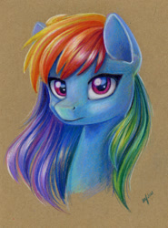 Size: 888x1200 | Tagged: safe, artist:maytee, imported from derpibooru, rainbow dash, pegasus, pony, bust, colored pencil drawing, female, looking at you, mare, portrait, solo, three quarter view, traditional art