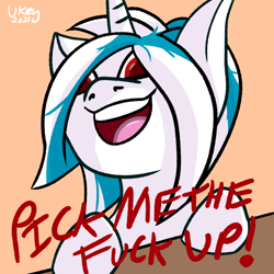 Size: 1200x1200 | Tagged: safe, artist:ukedideka, imported from derpibooru, oc, oc only, oc:glo prizmatica, pony, unicorn, colored pupils, dialogue, horn, male, mare, open mouth, open smile, signature, smiling, solo, speech, swearing, table, talking, teeth, text, unicorn oc, vulgar