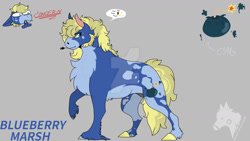 Size: 1280x720 | Tagged: safe, artist:gasmask-donkey, imported from derpibooru, oc, oc:blueberry marsh, earth pony, pony, chest fluff, coat markings, dark genitals, deviantart watermark, gray background, magical gay spawn, male, nudity, obtrusive watermark, offspring, parent:big macintosh, parent:party favor, sheath, simple background, solo, stallion, watermark