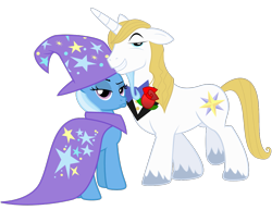 Size: 1293x997 | Tagged: safe, artist:jeatz-axl, artist:peachspices, edit, imported from derpibooru, vector edit, prince blueblood, trixie, pony, unicorn, .svg available, bedroom eyes, bluetrix, cape, clothes, duckface, duo, female, flower, grin, hat, lidded eyes, male, mare, rose, shipping, simple background, smiling, stallion, straight, svg, transparent background, trixie's cape, trixie's hat, unshorn fetlocks, vector