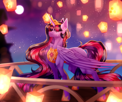 Size: 4680x3920 | Tagged: safe, artist:honeybbear, imported from derpibooru, twilight sparkle, alicorn, pony, the last problem, absurd resolution, crying, eye clipping through hair, eyebrows, eyebrows visible through hair, female, immortality blues, lantern, mare, older, older twilight, paper lantern, princess twilight 2.0, solo, twilight sparkle (alicorn)