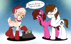 Size: 2724x1690 | Tagged: safe, artist:aarondrawsarts, imported from derpibooru, oc, oc only, oc:brain teaser, oc:daisy cakes, oc:rose bloom, deer, deer pony, earth pony, original species, blushing, brainbloom, christmas, clothes, dialogue, female, glasses, holiday, male, oc x oc, shipping, snow, snowfall, stockings, straight, thigh highs