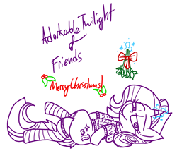 Size: 3695x3160 | Tagged: safe, artist:adorkabletwilightandfriends, imported from derpibooru, starlight glimmer, pony, unicorn, adorkable, adorkable friends, christmas, clothes, crossed legs, cute, dork, female, glimmerbetes, glowing, glowing horn, hearth's warming, high res, holiday, horn, lidded eyes, looking at you, lying down, magic, mare, mistletoe, on back, socks, solo, stockings, striped socks, sweater, telekinesis, thigh highs, thighs, tongue out