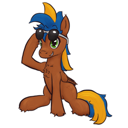 Size: 1000x1000 | Tagged: safe, artist:hiddelgreyk, imported from derpibooru, oc, oc only, pegasus, pony, derpibooru community collaboration, 2022 community collab, blue mane, brown coat, chest fluff, green eyes, male, pegasus oc, simple background, sitting, solo, stallion, transparent background, wings