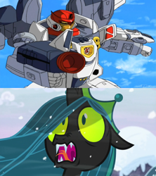 Size: 1920x2160 | Tagged: safe, edit, edited screencap, imported from derpibooru, screencap, queen chrysalis, changeling, changeling queen, robot, season 9, the ending of the end, spoiler:s09, autobot, blaster, female, jetfire, shrunken pupils, transformers, transformers armada, ultimate chrysalis, weapon