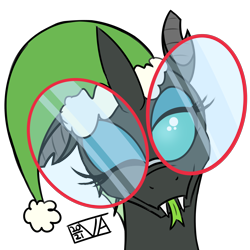Size: 4000x4000 | Tagged: safe, artist:evan555alpha, imported from ponybooru, oc, oc only, oc:yvette (evan555alpha), changeling, blue eyeshadow, changeling oc, christmas, colored sketch, cute, dorsal fin, ears, evan's daily buggo, eyelashes, eyeshadow, fangs, female, floppy ears, forked tongue, glasses, green hat, green tongue, hat, head tilt, holiday, lidded eyes, looking at you, makeup, ocbetes, one ear down, one eye closed, ponybooru exclusive, round glasses, santa hat, signature, simple background, sketch, solo, technicolor tongue, tongue out, transparent background, wink