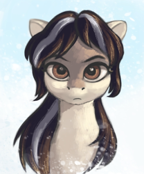 Size: 688x827 | Tagged: safe, artist:escapist, edit, oc, oc only, oc:cold shoulder, pony, bust, female, looking at you, mare, snow, snowfall, snowpony (species), solo, taiga pony