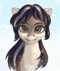 Size: 1396x1654 | Tagged: safe, artist:escapist, edit, editor:unofficial edits thread, oc, oc only, oc:cold shoulder, pony, bust, female, looking at you, mare, smiling, snow, snowfall, snowpony (species), solo, taiga pony