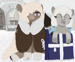 Size: 2864x2336 | Tagged: safe, artist:anonymous, oc, oc only, oc:arctic ink, oc:bundle up, pony, clothes, coat, duo, female, filly, hair over one eye, igloo, mare, open mouth, present, sitting, snow, snowfall, snowflake, snowpony (species), socks (coat marking)