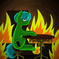 Size: 2160x2160 | Tagged: safe, artist:krotir, imported from derpibooru, oc, oc:green byte, pony, unicorn, commission, fire, male, sitting, stallion, this is fine, ych result