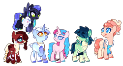 Size: 2654x1431 | Tagged: safe, artist:jaysey, imported from derpibooru, oc, oc only, oc:cotton curls, oc:frostbyte, oc:neon skyline, oc:pacific valley, oc:scarlet crisp, oc:sunny sundae swirls, earth pony, pegasus, pony, unicorn, apron, bandaid, bandaid on nose, base used, bracelet, clothes, dog tags, female, hair over eyes, jewelry, licking, licking lips, magical lesbian spawn, mare, necklace, next generation, offspring, parent:applejack, parent:big macintosh, parent:cheese sandwich, parent:coloratura, parent:fancypants, parent:flash sentry, parent:fluttershy, parent:pinkie pie, parent:rainbow dash, parent:rarity, parent:soarin', parent:twilight sparkle, parents:cheesepie, parents:flashlight, parents:fluttermac, parents:rarajack, parents:raripants, parents:soarindash, simple background, tongue out, transparent background