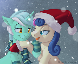 Size: 662x543 | Tagged: safe, artist:brianblackberry, imported from derpibooru, bon bon, lyra heartstrings, sweetie drops, earth pony, pony, unicorn, christmas, clothes, couple, duo, duo female, female, hat, hearth's warming eve, holiday, lesbian, looking at each other, looking at someone, lyrabon, mare, open mouth, open smile, romance, santa hat, scarf, shipping, smiling, smiling at each other, snow, snowfall, striped scarf