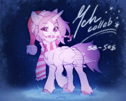 Size: 1250x1000 | Tagged: safe, artist:coffune, artist:eltaile, imported from derpibooru, pony, advertisement, candy, candy cane, christmas, clothes, commission, food, hat, holiday, outdoors, santa hat, scarf, snow, striped scarf, winter, your character here