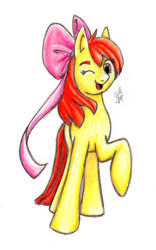 Size: 400x640 | Tagged: safe, artist:mistralla, imported from derpibooru, apple bloom, earth pony, pony, female, filly, foal, one eye closed, solo, traditional art, wink