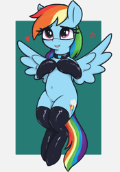 Size: 2100x3000 | Tagged: safe, artist:t72b, imported from derpibooru, rainbow dash, pegasus, pony, belly button, blushing, choker, clothes, feathered wings, female, flying, grin, heart, high res, latex, latex socks, mare, sexy, simple background, smiling, socks, solo, spread wings, stupid sexy rainbow dash, wings