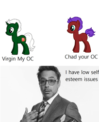 Size: 1006x1230 | Tagged: safe, artist:comicfield, imported from derpibooru, oc, oc:comic field, earth pony, unicorn, pony creator, chad, meme, robert downey jr, virgin, virgin walk