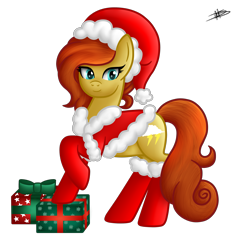 Size: 3687x3885 | Tagged: safe, artist:princessmoonsilver, imported from derpibooru, oc, oc only, oc:storm warrior, earth pony, pony, christmas, clothes, costume, effects, hat, high res, holiday, present, santa costume, simple background, socks, solo, transparent background