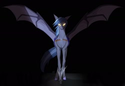 Size: 2218x1535 | Tagged: source needed, safe, artist:killa7, imported from derpibooru, oc, oc:gotha, bat pony, bat wings, black background, female, intimidating, looking at you, lunar guard armour, mare, royal guard, simple background, weapon, wings