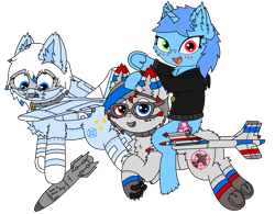 Size: 2179x1700 | Tagged: safe, artist:fliegerfausttop47, artist:theunidentifiedchangeling, imported from derpibooru, oc, oc only, oc:azure interdictor, oc:bashful interceptor, oc:quiet dreamer, cat, cat pony, hybrid, original species, plane pony, unicorn, derpibooru community collaboration, 2022 community collab, bae p.1214, blue hair, blushing, bomb, cheek fluff, chest fluff, claws, clothes, collar, colt, convair xa-44, convair xb-53, cute, digital art, dropping, ear fluff, female, fluffy, flying, foal, frog (hoof), full body, glasses, happy, heterochromia, hoodie, hoof fluff, horn, jacket, leg fluff, looking at you, male, mare, missile, multicolored hair, not trixie, nuclear weapon, ocbetes, oh no, paw pads, paws, pet collar, plane, red hair, scared, simple background, smiling, smiling at you, sweater, three quarter view, transparent background, underhoof, underpaw, wall of tags, waving, waving at you, weapon, white hair