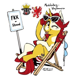 Size: 700x700 | Tagged: safe, artist:taritoons, imported from derpibooru, pony, bra, bundesland ponies, chair, clothes, folding chair, germany, mecklenburg-vorpommern, nation ponies, ponified, sign, simple background, solo, sunglasses, underwear, we don't normally wear clothes, white background