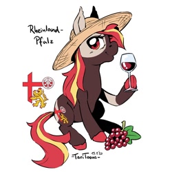Size: 700x700 | Tagged: safe, artist:taritoons, imported from derpibooru, pony, alcohol, bundesland ponies, food, germany, glass, grapes, hat, nation ponies, ponified, rheinland-pfalz, simple background, solo, white background, wine, wine glass