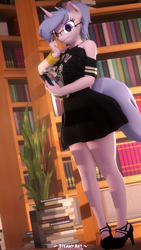 Size: 2160x3840 | Tagged: safe, artist:steamyart, imported from derpibooru, oc, oc only, oc:steamy, anthro, unicorn, 3d, anthro oc, book, bookshelf, clothes, glasses, heterochromia, high heels, high res, horn, library, shoes, skirt, smiling, solo, source filmmaker, unicorn oc