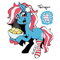 Size: 700x700 | Tagged: safe, artist:taritoons, imported from derpibooru, pony, bowl, bundesland ponies, clothes, germany, nation ponies, ponified, simple background, socks, solo, steam, thüringen, white background