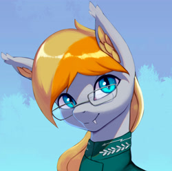 Size: 4016x4000 | Tagged: source needed, safe, artist:mrscroup, imported from derpibooru, oc, oc only, oc:ember eclipse, bat pony, pony, equestria at war mod, absurd resolution, bat pony oc, bust, clothes, ear fluff, eyebrows, fangs, glasses, looking at you, male, portrait, smiling, smiling at you, solo, stallion, uniform