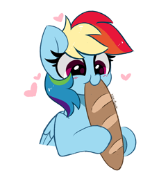 Size: 2676x2760 | Tagged: safe, artist:kittyrosie, imported from derpibooru, rainbow dash, pegasus, pony, baguette, blushing, bread, cargo ship, cute, dashabetes, eating, female, food, heart, herbivore, high res, mare, nom, rainbread, shipping, simple background, solo, weapons-grade cute, white background