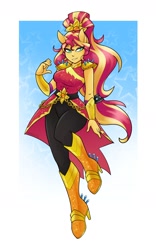 Size: 1500x2400 | Tagged: safe, artist:ambris, imported from derpibooru, sunset shimmer, human, equestria girls, boots, buckle, crystal guardian, female, geode of empathy, high heel boots, lidded eyes, magical geodes, ponied up, pony ears, shoes, sun, waistband, wristband